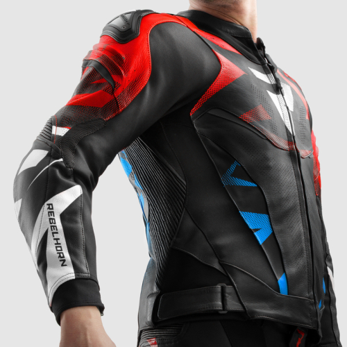 Kurtka motocyklowa skórzana sportowa REBELHORN INFERNO BLACK/BLUE/WHITE/RED